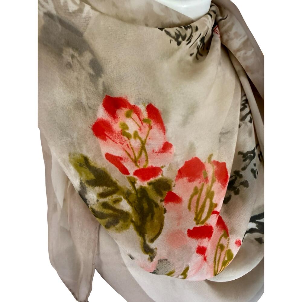Vintage 1990s Asian Watercolor Calligraphy Silk Chiffon Scarf 40x42 - Picture 10 of 14